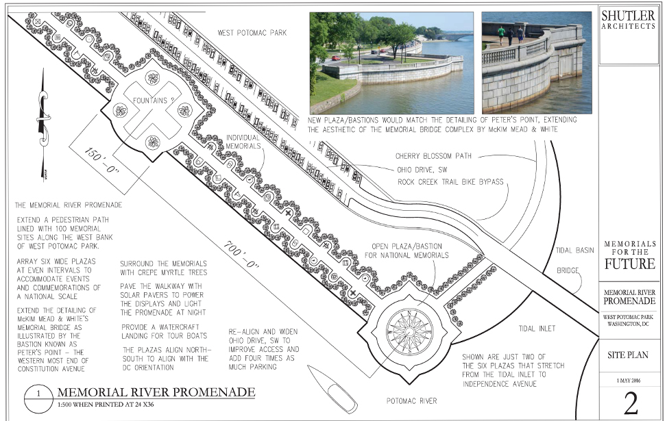 Landscape drawing plan with pictures of a plaza on the river