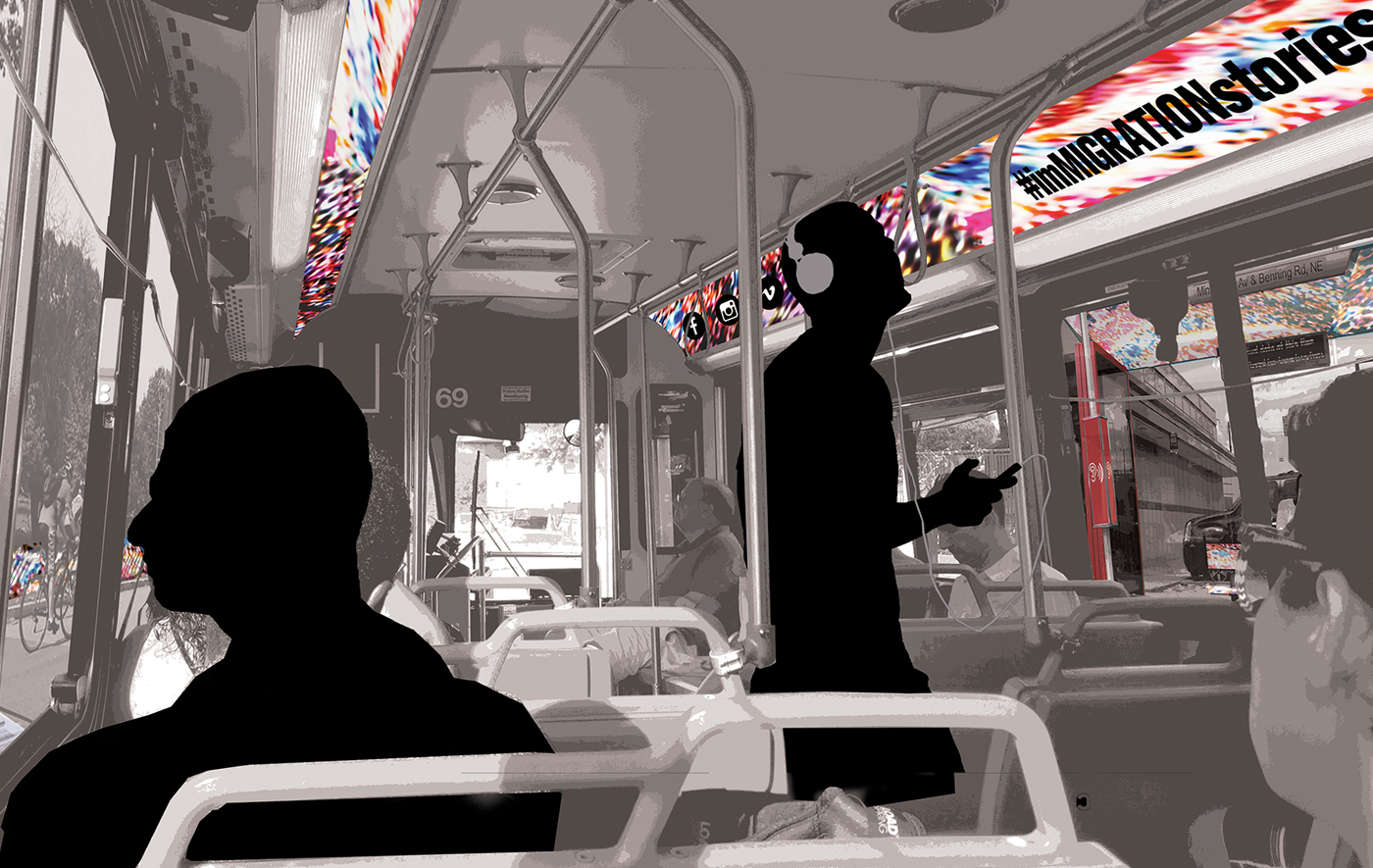 This image demonstrates how The Im(migrant) memorial would operate inside a bus along the memorial loop, through audio stories experienced via smartphone podcasts and visually along the corridor of the bus route.