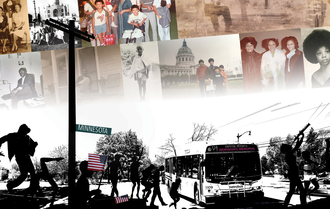 The Im(migrant) illustrates the elemental experience of movement, arrival, and the making of a new home by commemorating the varied journeys that friends, family, and strangers have taken through America's landscape in pursuit of opportunity and freedom. This is an image collage of the vision for the memorial, showing Randle Circle with an overlay of photographs of immigrants and migrants with silhouettes of performing artists.