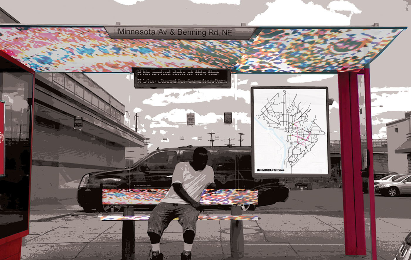 This image shows one of the ways to enter the Im(migrant) memorial through an artistically enhanced bus shelter with a capacitive speaker and a unique bus route map that identifies of the memorial loop of The Im(migrant).