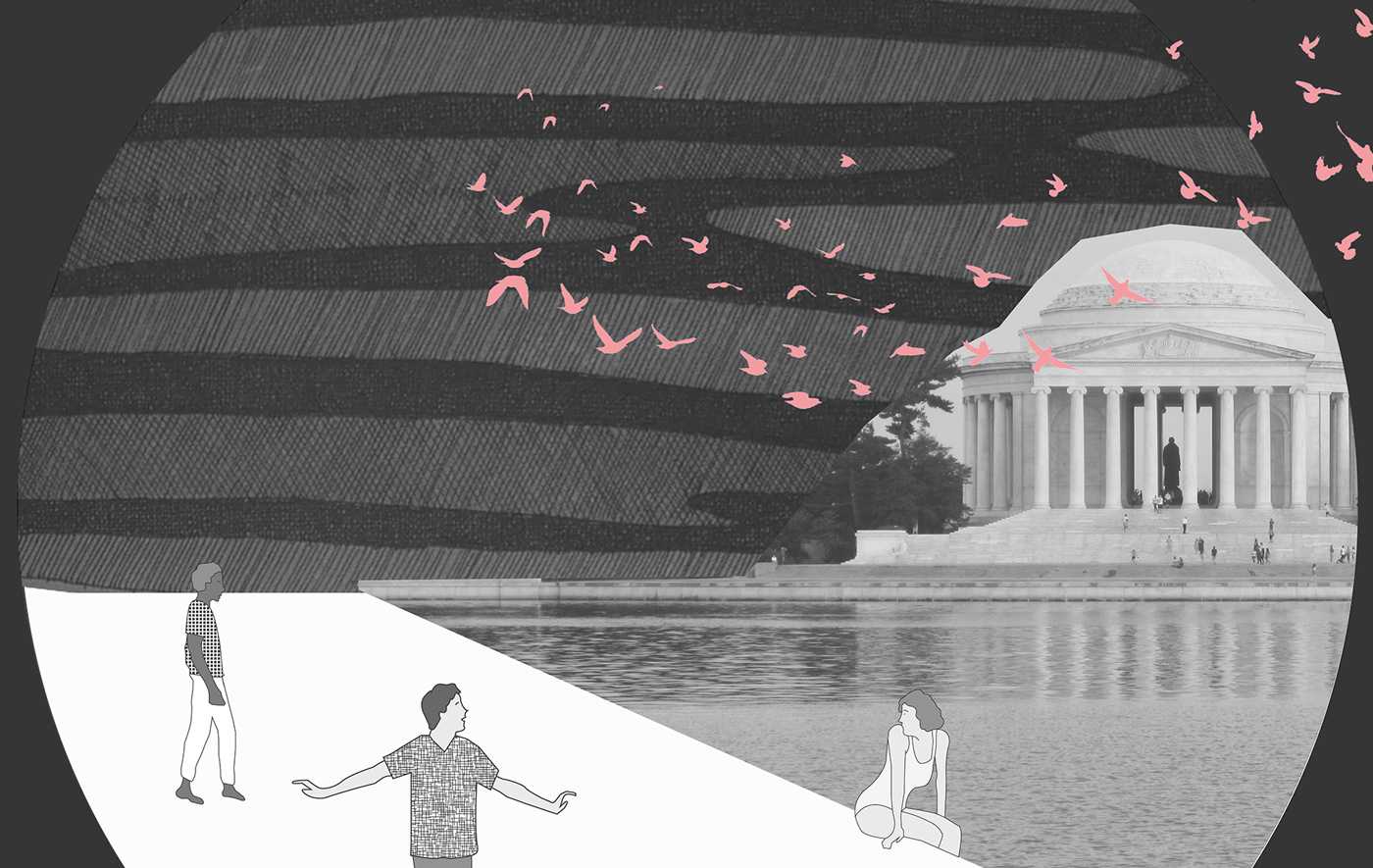 The VOICEOVER parrots flying over the Thomas Jefferson Memorial prepare for a storytelling stop.